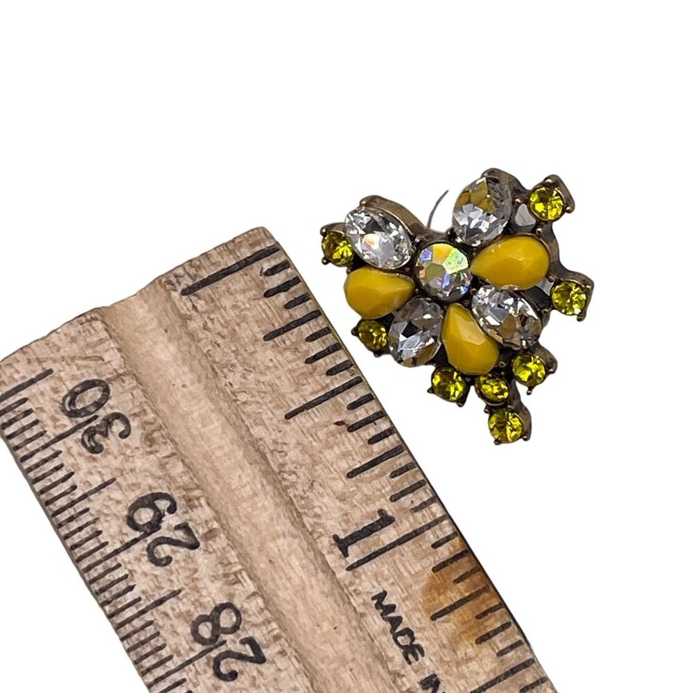 Yellow Rhinestone Crystal Floral Stud Earrings Silver Tone Evening Cocktail - Picture 4 of 4
